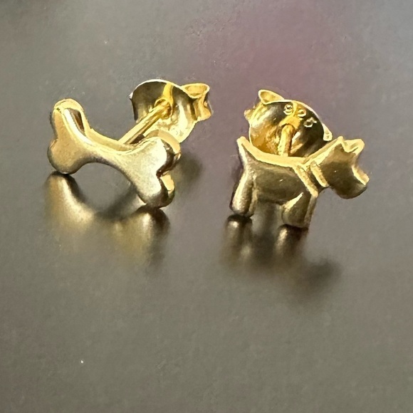 14k Gold Dog and Bone Mismatched Tiny Stud Earrings - Picture 7 of 12
